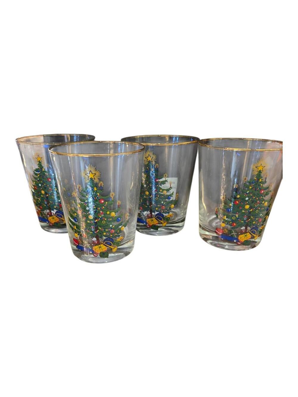Set of 4 Spode Christmas Tree Lowball Old Fashioned Gold Rimmed Glasses